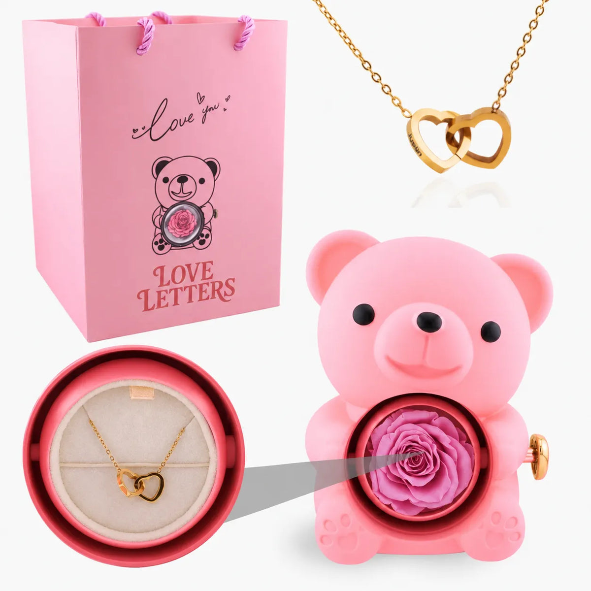 Eternal Rose Bear with Name Engraved Necklace