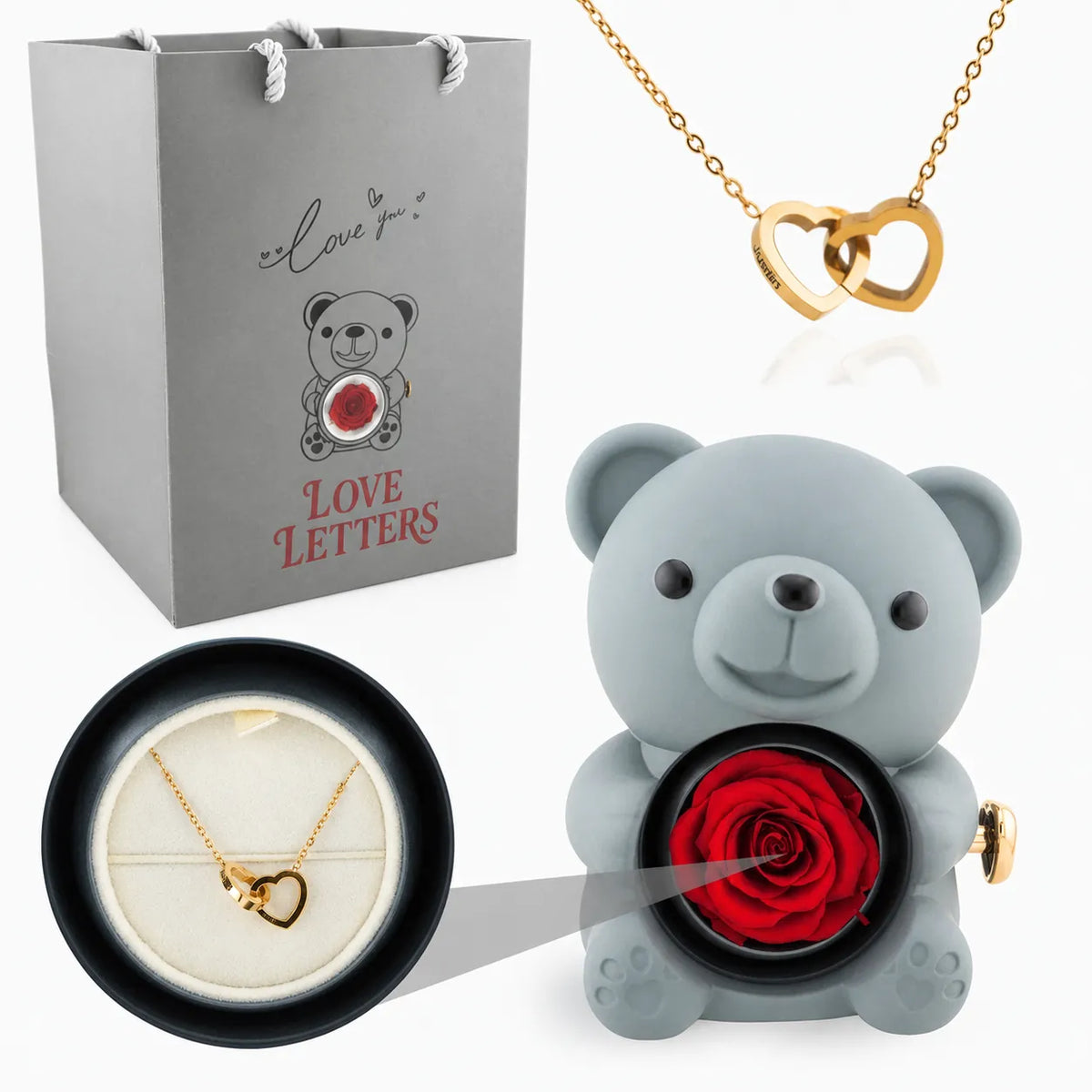 Eternal Rose Bear with Name Engraved Necklace