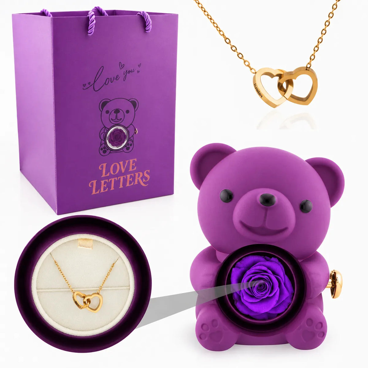 Eternal Rose Bear with Name Engraved Necklace