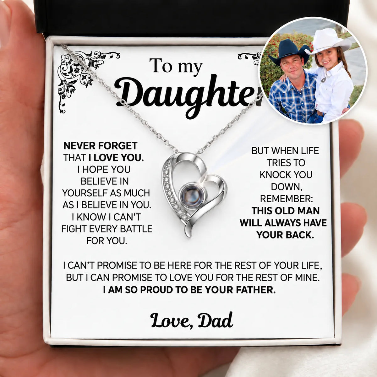 To My Daughter Photo Necklace - Never forget that I love you - Gift from Dad